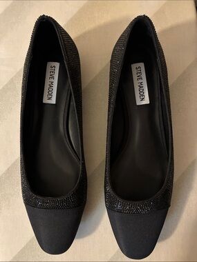 Steve Madden Black Satin and Rhinestone Flats NWT Size 8.5